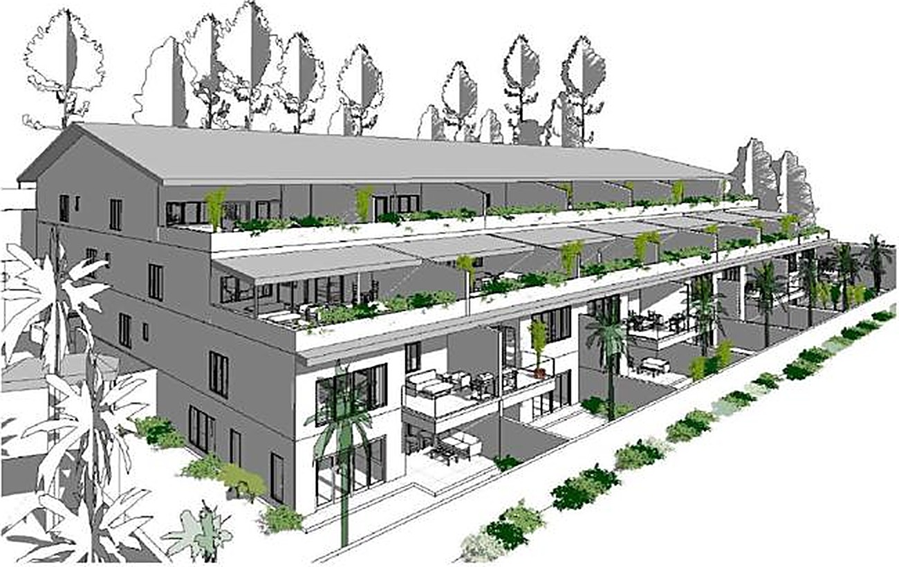 The architect's drawing of Third Urban: three rows of homes stepping down the hillside under a gabled roof, with planted terraces and private patios