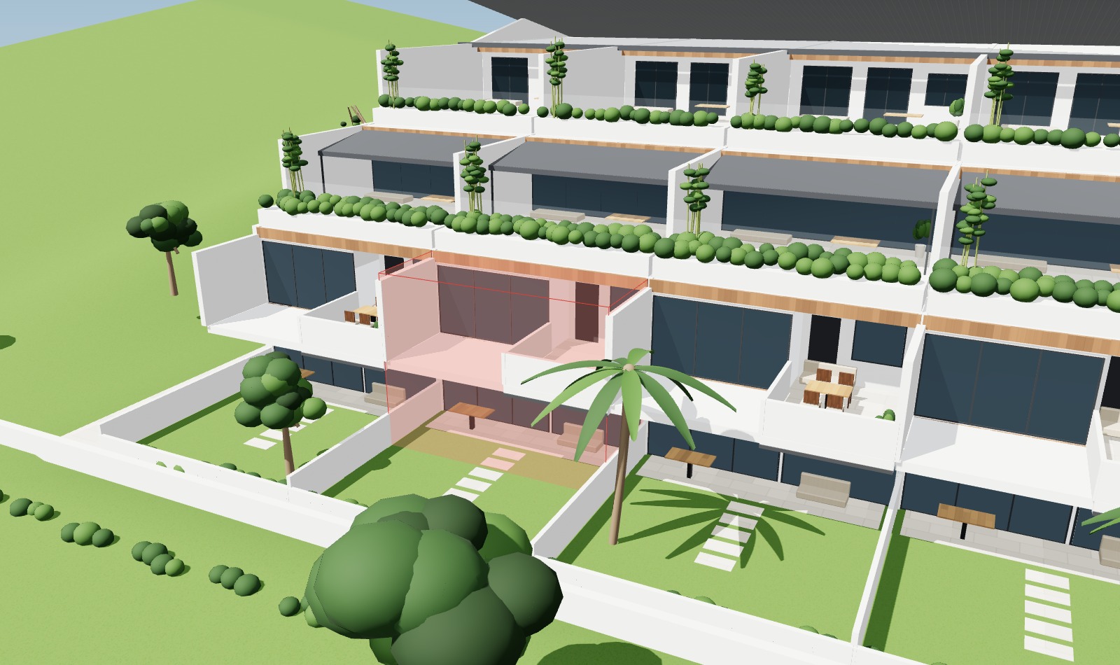 Artist's impression of Unit 1B, highlighted, seen from the gardens