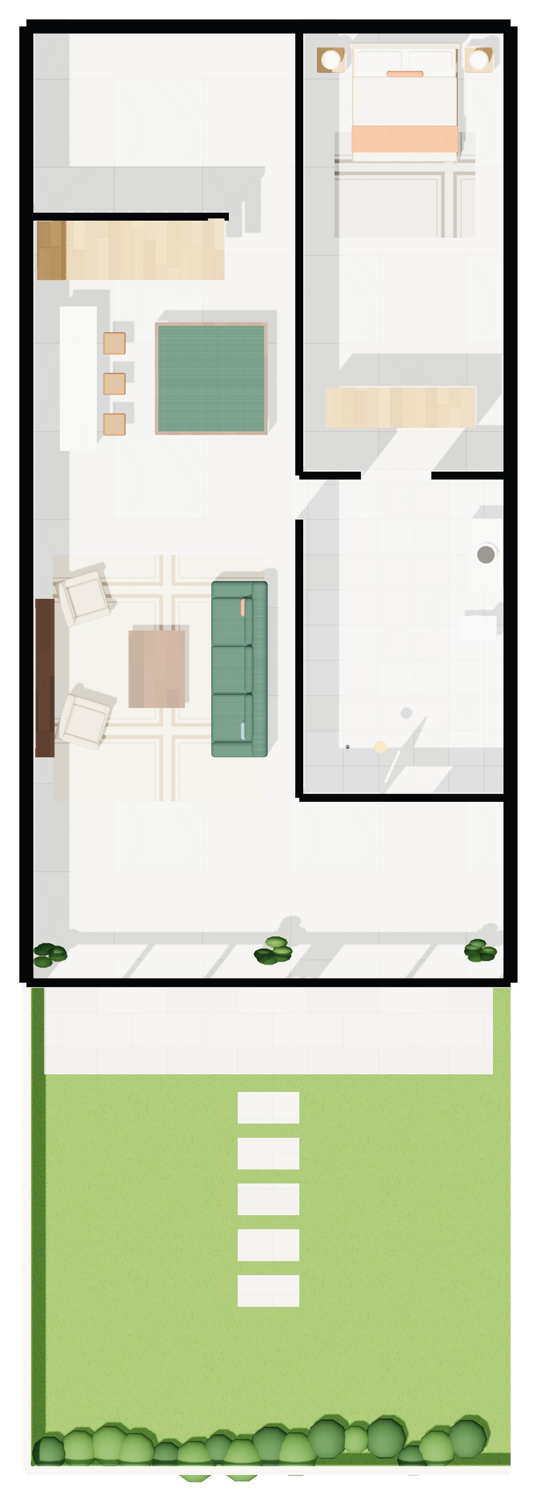 Rendered plan of the lower level, finished as a family room with a guest bedroom and bathroom, opening onto the private garden