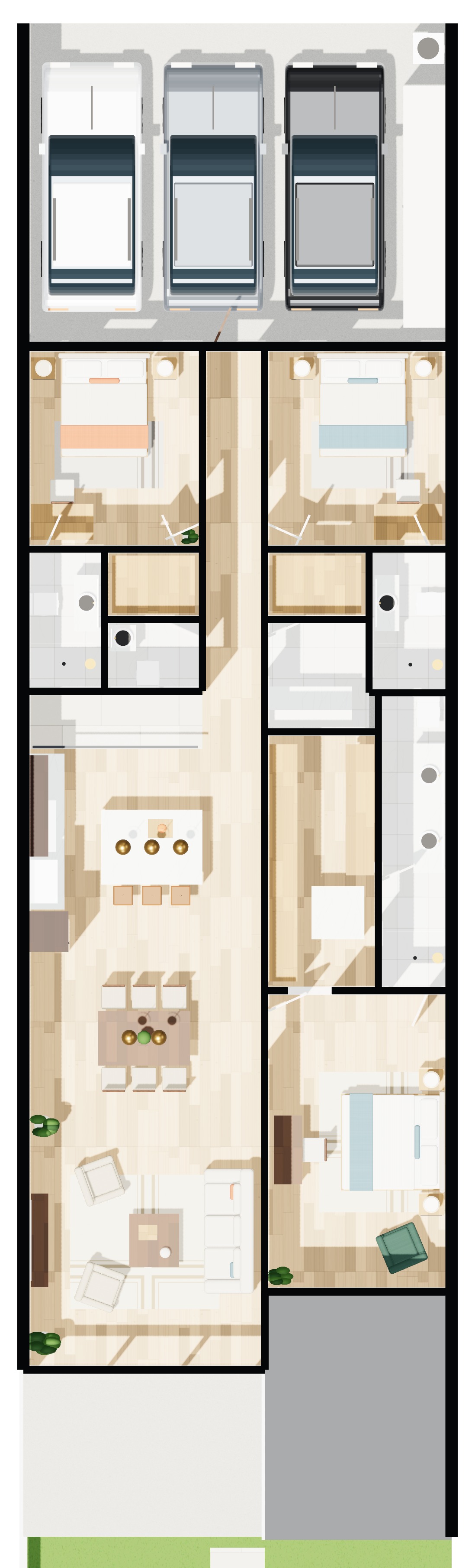 Rendered floor plan of the main floor of Unit 1B, furnished, from the carport at the top to the living room and patio at the bottom