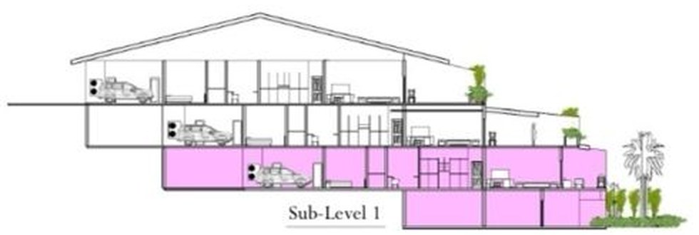 Cross-section of the development showing the levels stepping down the hillside, with the lower level highlighted