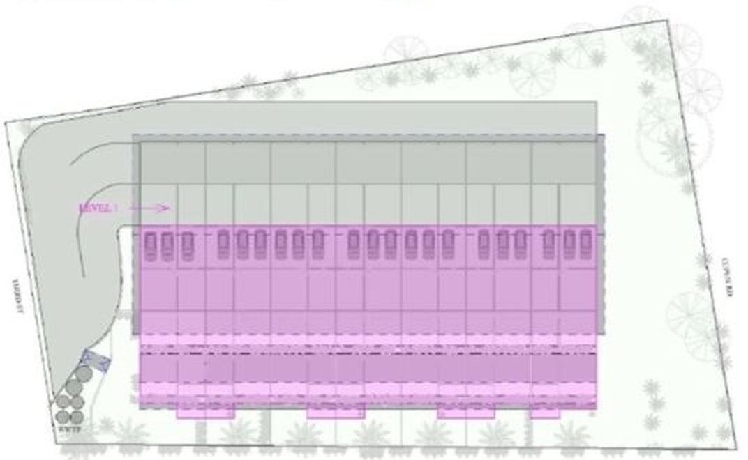 Site plan of Third Urban with the Level 1 homes shaded and Unit 1B marked